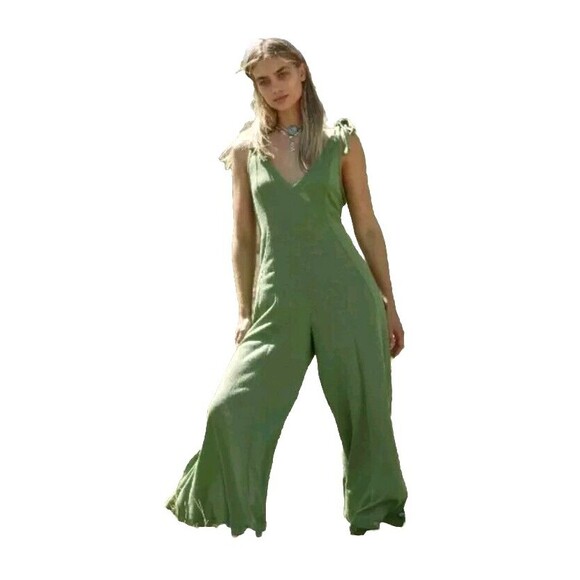 Free People Beach Alice One-Piece Jumpsuit XS Green Tie Shoulders Oversized Flow - Picture 1 of 11